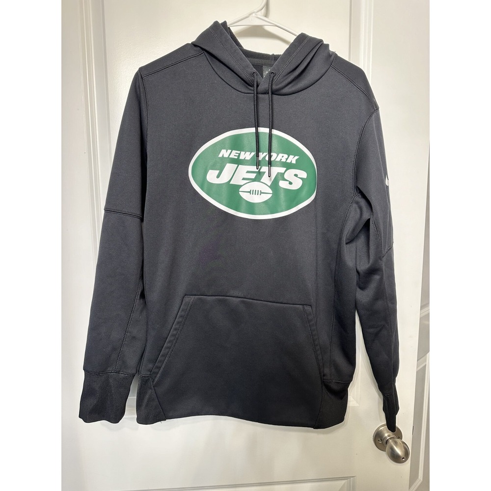 Nike New York Jets Grey Therma Hood Logo Sweatshirt Sz M Dri Fit Casual Pullover
